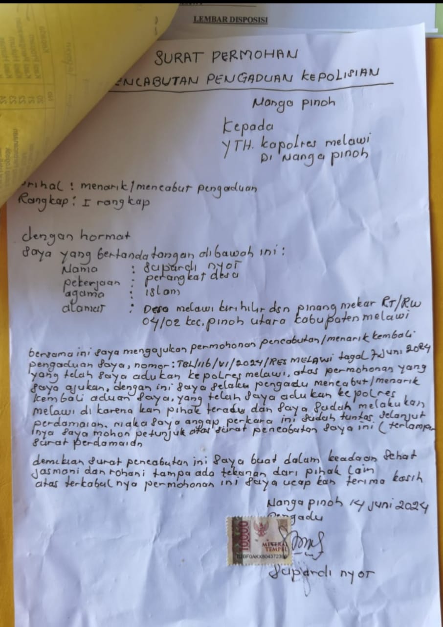 Surat permohonan pencabutan laporan kepada Kapolres Melawi. (Foto/Tim)