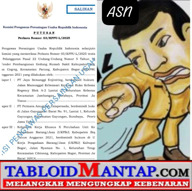 Gambar salinan putusan Sidang Perkara KPPU RI Perkara Nomor.03/KPPU-L-2025 dan ilustrasi ASN yang disebut Terlapor III dugaan persekongkolan. (Foto/RDI)